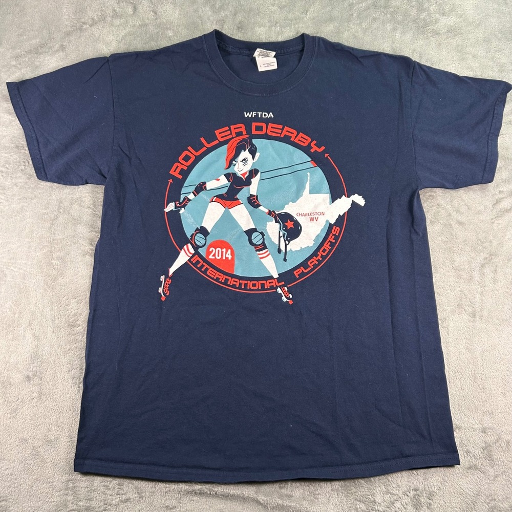 Gildan 2014 WFTDA Roller Derby International Playoffs T-Shirt Navy Blue Large
